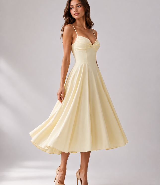 Women's Yellow Floral V-Neck Wedding Guest Midi Dress
