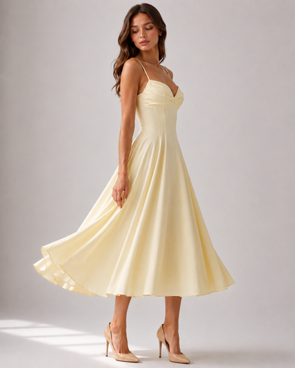 Women's Yellow Floral V-Neck Wedding Guest Midi Dress