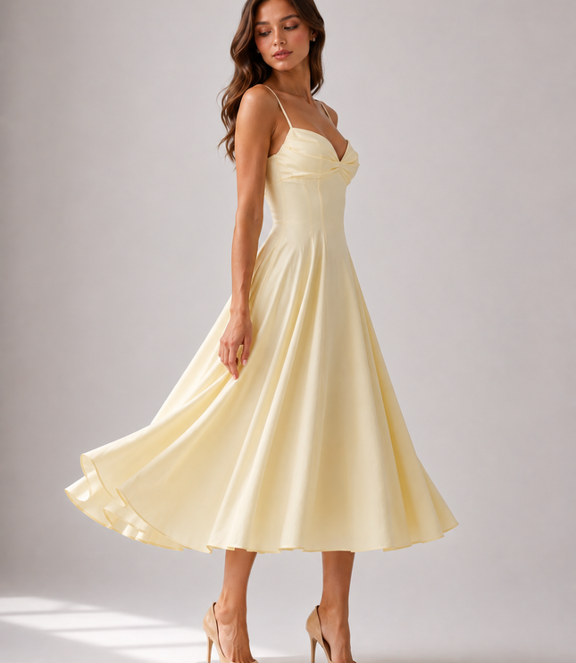 Women's Yellow Floral V-Neck Wedding Guest Midi Dress