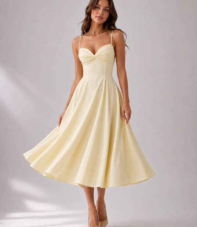 Women's Yellow Floral V-Neck Wedding Guest Midi Dress