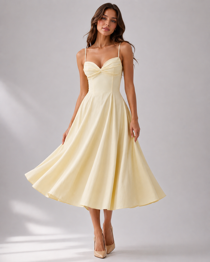Women's Yellow Floral V-Neck Wedding Guest Midi Dress