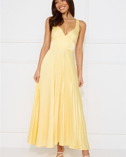 Women's Yellow Pleated V-Neck Cross-Back Maxi Dress