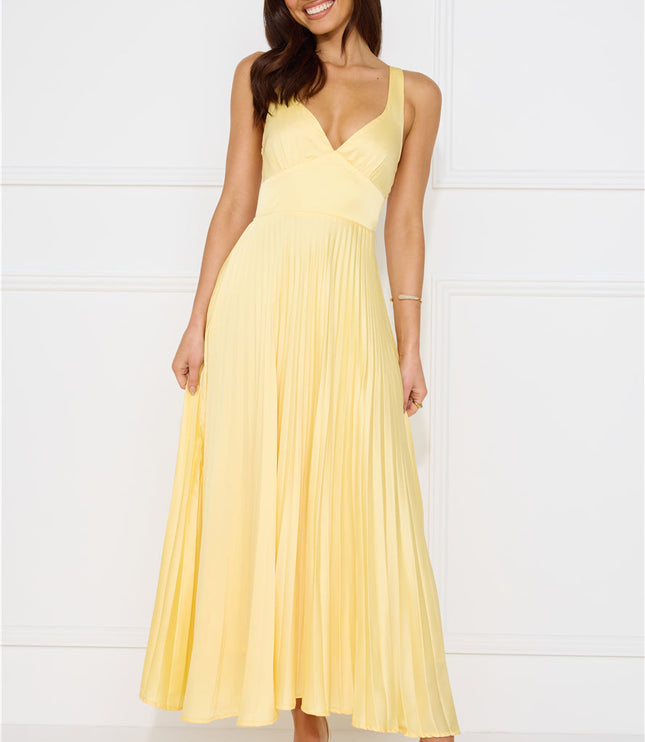 Women's Yellow Pleated V-Neck Cross-Back Maxi Dress