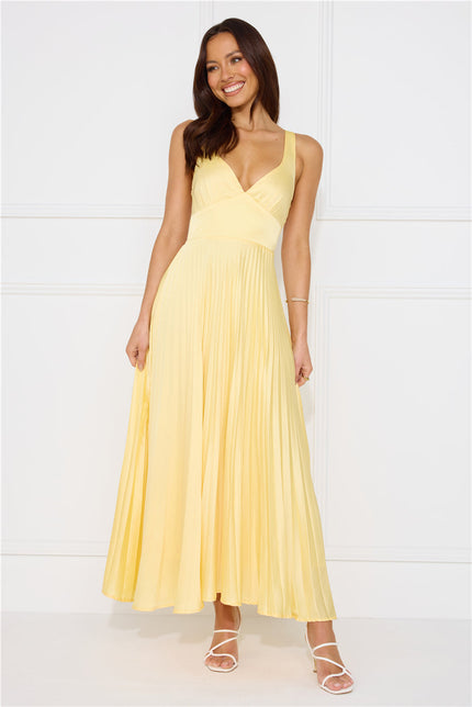 Women's Yellow Pleated V-Neck Cross-Back Maxi Dress
