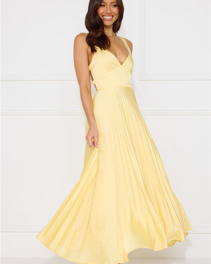 Women's Yellow Pleated V-Neck Cross-Back Maxi Dress