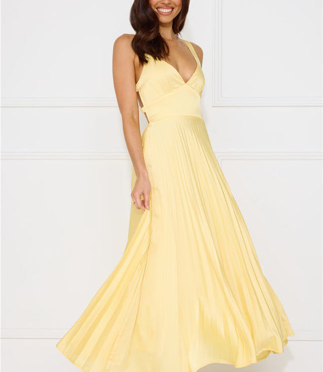 Women's Yellow Pleated V-Neck Cross-Back Maxi Dress