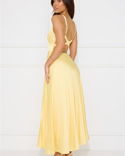 Women's Yellow Pleated V-Neck Cross-Back Maxi Dress