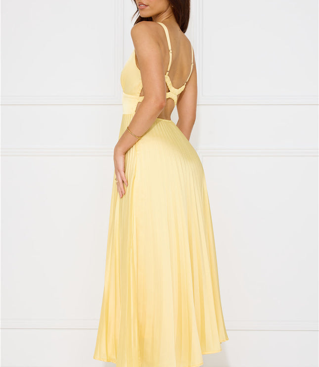 Women's Yellow Pleated V-Neck Cross-Back Maxi Dress