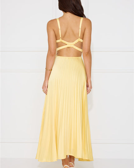 Women's Yellow Pleated V-Neck Cross-Back Maxi Dress