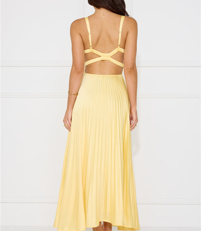 Women's Yellow Pleated V-Neck Cross-Back Maxi Dress