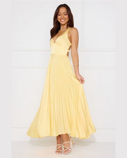 Women's Yellow Pleated V-Neck Cross-Back Maxi Dress