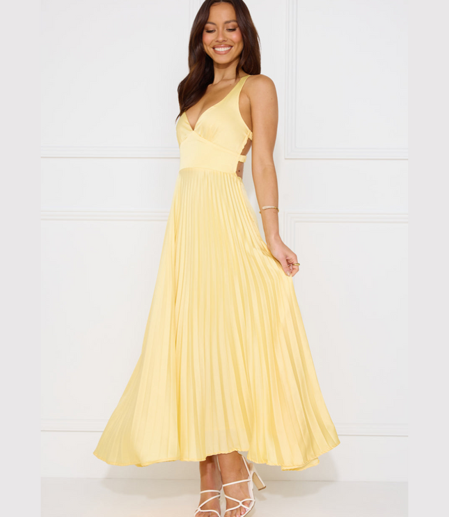 Women's Yellow Pleated V-Neck Cross-Back Maxi Dress