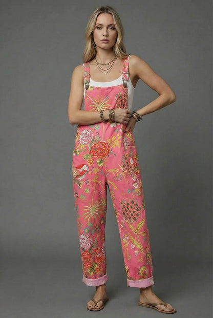 Yellow bee print wide leg romper with daisy pattern, rolled cuffs, and casual summer style