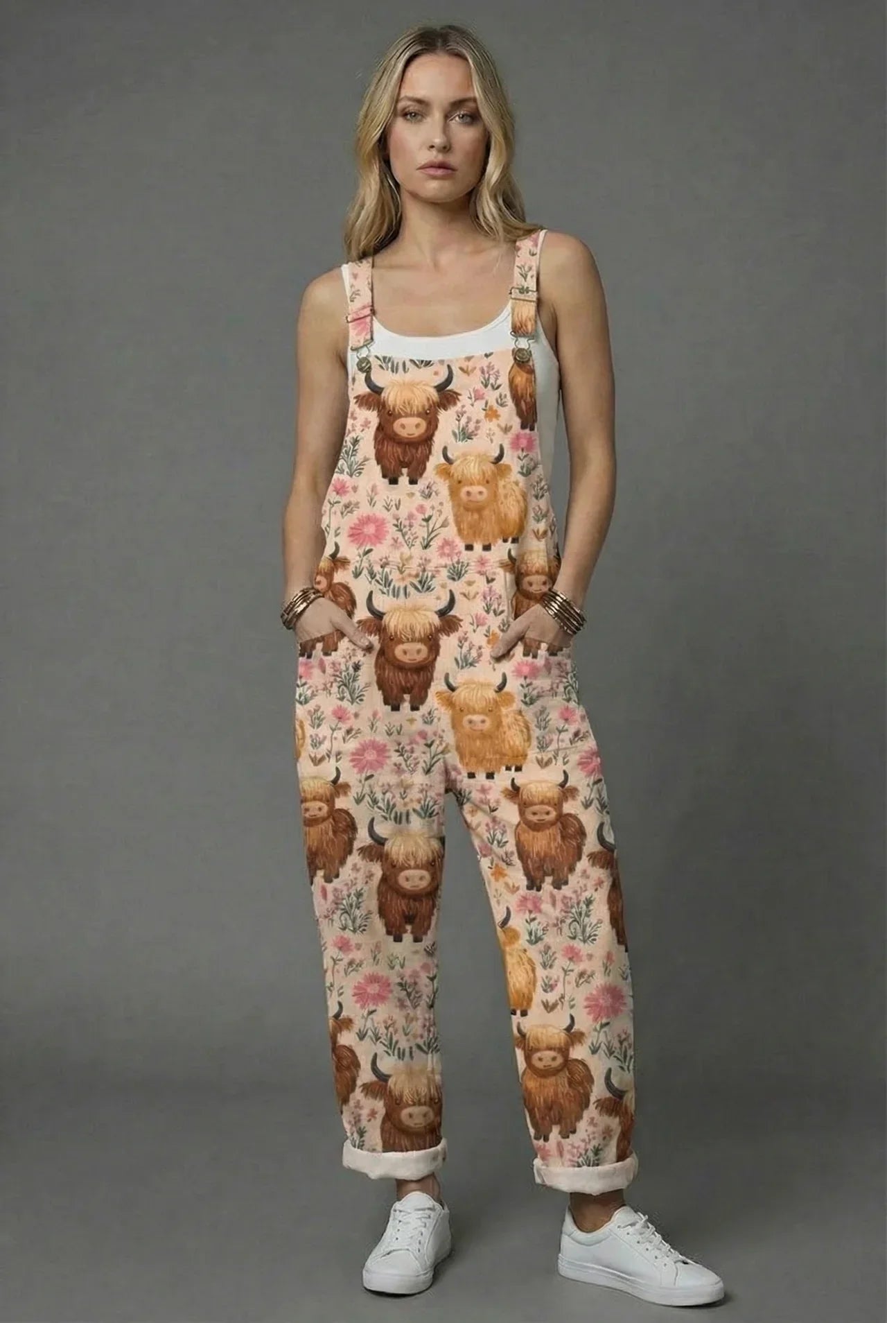 Women botanical print wide leg romper with cow and floral pattern, sleeveless overall style