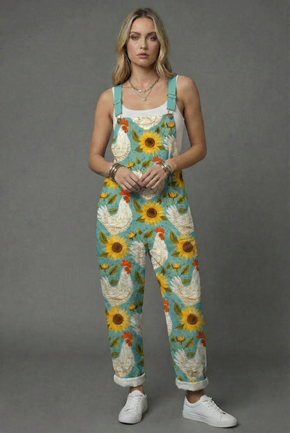 Women botanical print wide leg romper with turquoise chicken and sunflower pattern, sleeveless