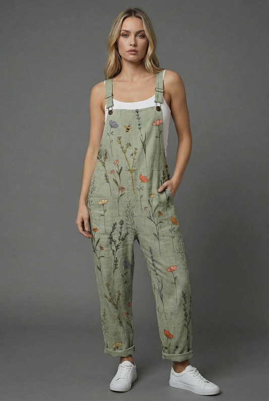 Full-length botanical print wide leg romper in sage green with rolled hems and white sneakers