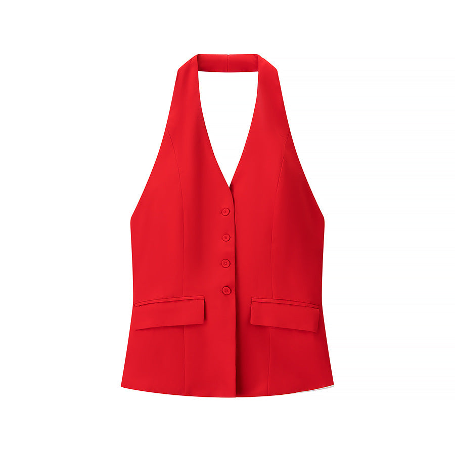 Close-up of red halter vest top with V-neck, buttons, and flap pockets for cocktail wear