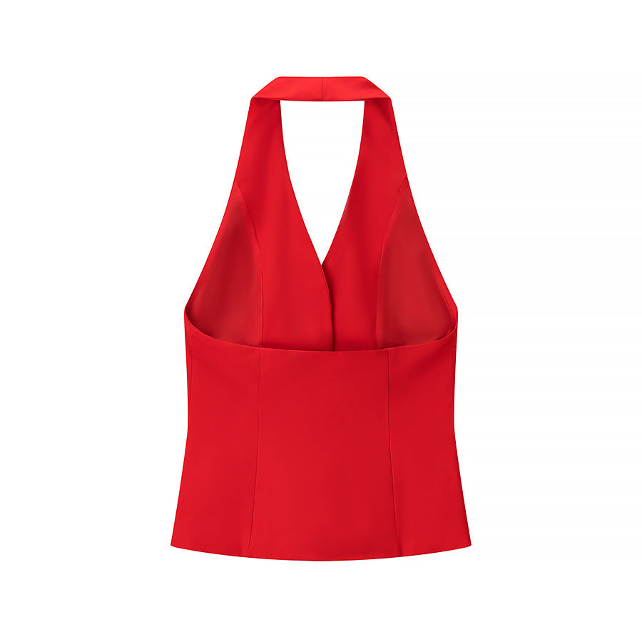 Back view of red halter vest top showing open-back design and fitted waist detail