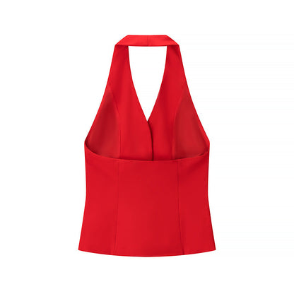 Back view of red halter vest top showing open-back design and fitted waist detail