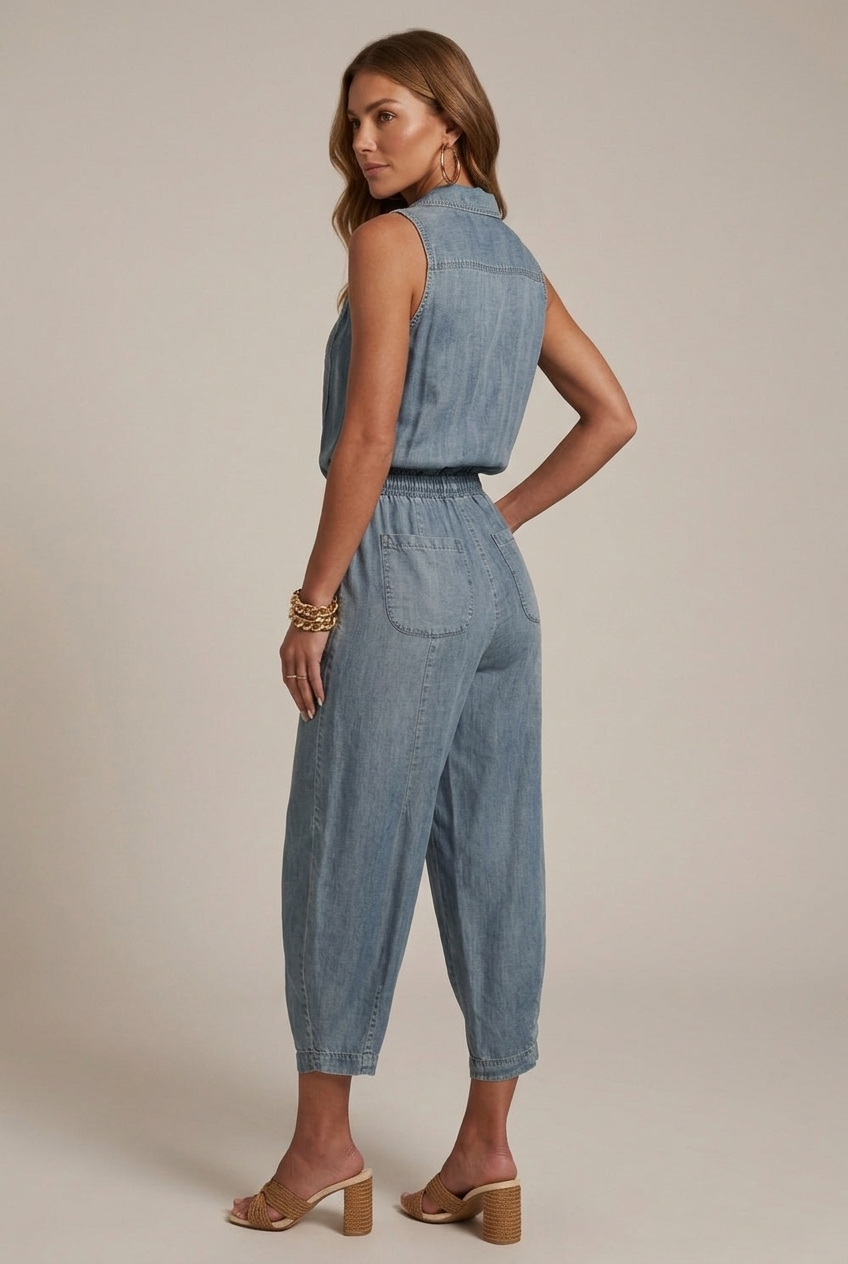 Back view of light blue sleeveless denim romper with pockets and elastic waist