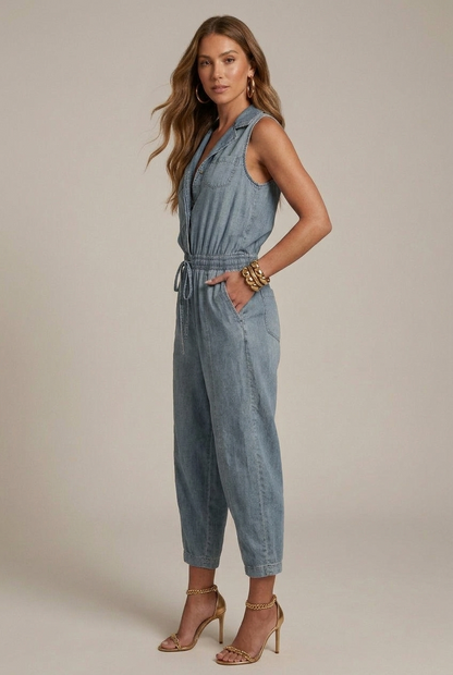 Side view of light blue sleeveless denim romper with chest pockets, drawstring waist, and pockets