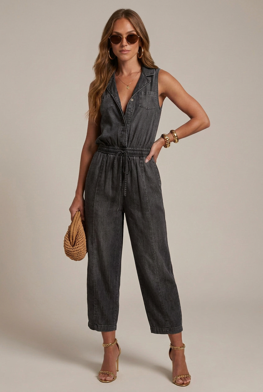 Dark charcoal sleeveless denim romper with pockets, drawstring waist, and cropped legs