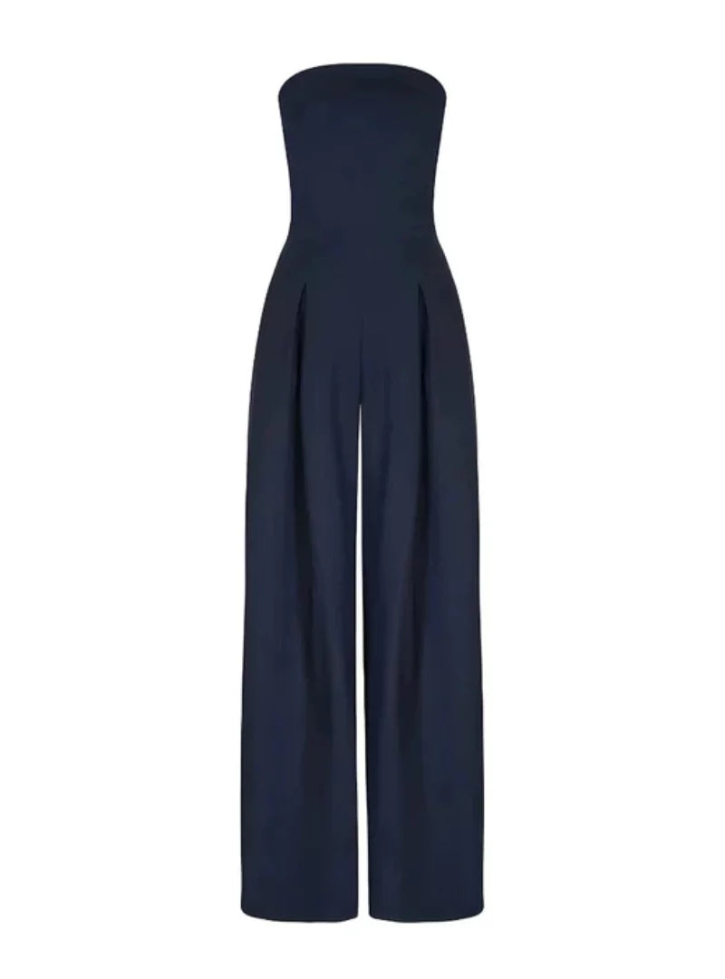 Navy wide leg strapless jumpsuit shown flat on white background with tailored bodice