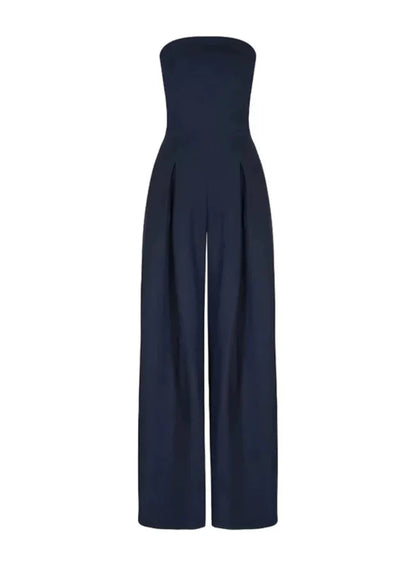Navy wide leg strapless jumpsuit shown flat on white background with tailored bodice
