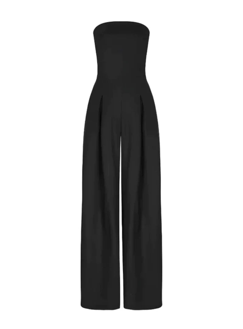 Black strapless jumpsuit front view with wide leg silhouette and structured bodice