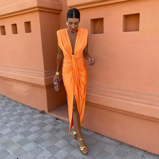 Orange deep V neck maxi dress with draped pleats and front slit, women summer dress