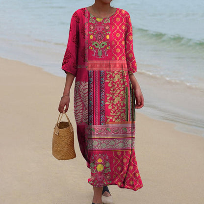 Women summer printed maxi dress in pink with long sleeves and patchwork floral pattern