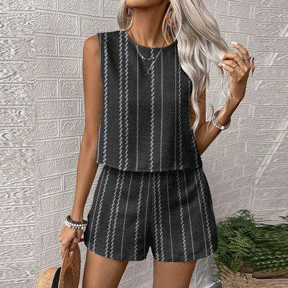 Charcoal black printed sleeveless top with matching shorts set, vertical stripe detail summer set
