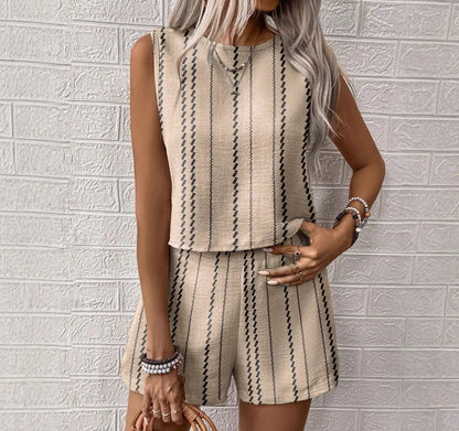 Beige sleeveless summer top with matching high-waist shorts, vertical black geometric stripes