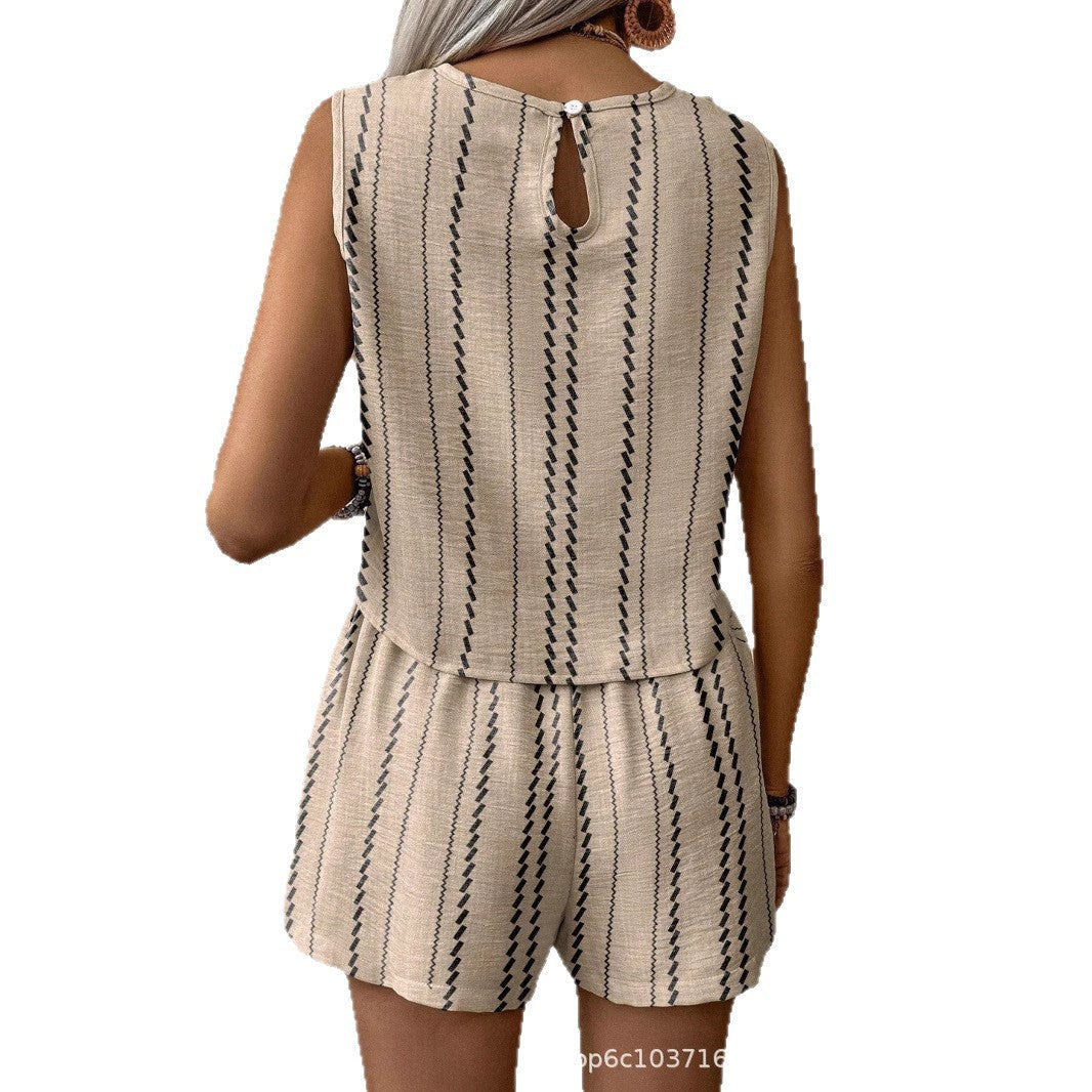 Back view of beige sleeveless top and shorts matching set with keyhole button closure detail