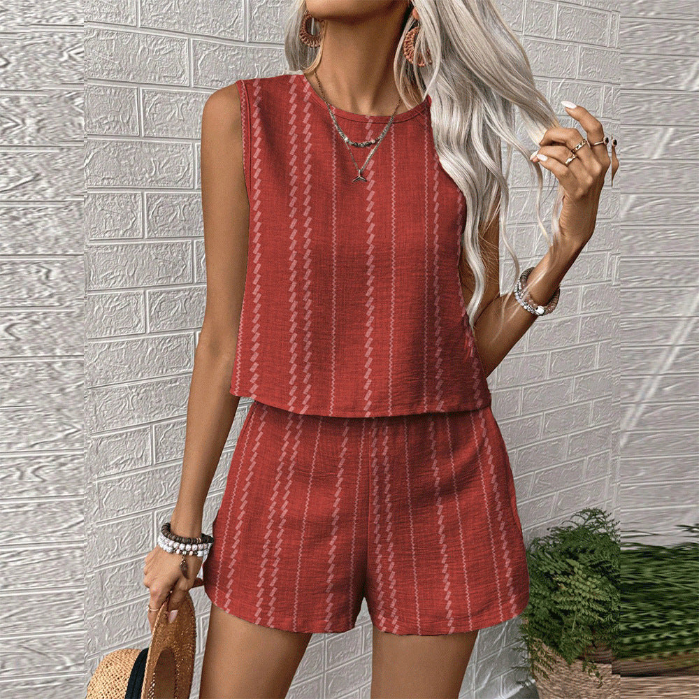 Red printed sleeveless top and shorts matching set with subtle vertical stripe pattern, front