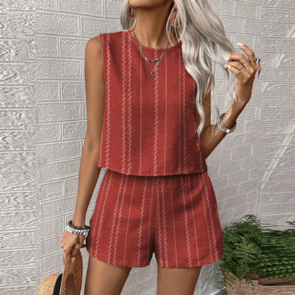 Red printed sleeveless top and shorts matching set with subtle vertical stripe pattern, front