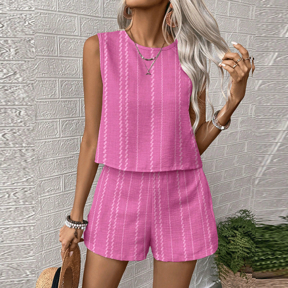 Pink printed sleeveless top and shorts matching set with tonal vertical stripes, casual summer
