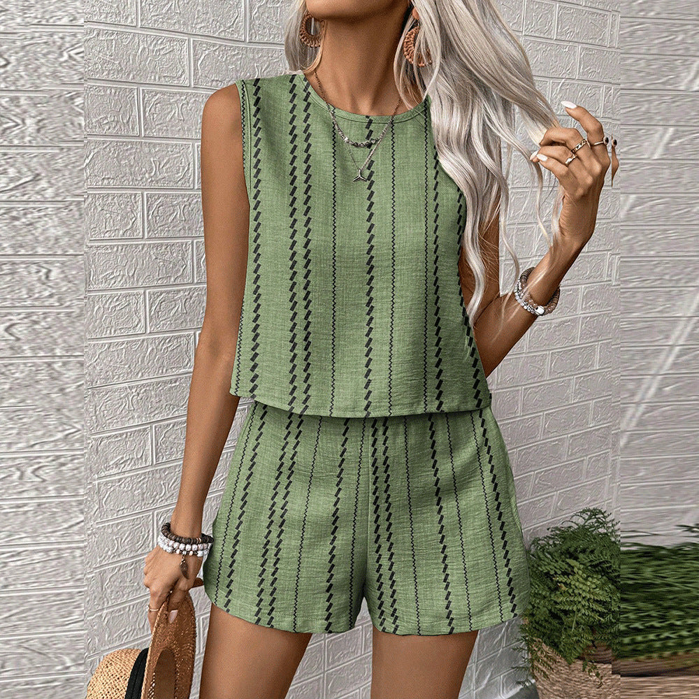 Olive green printed sleeveless top and shorts matching set with black vertical stripe pattern