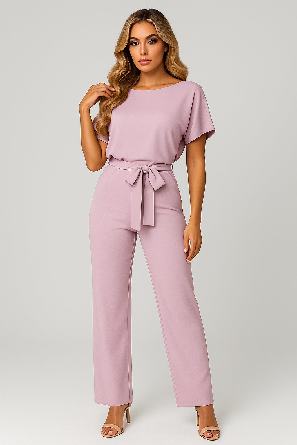 Pink wide leg jumpsuit with short sleeves, round neckline, and self-tie belt at the waist