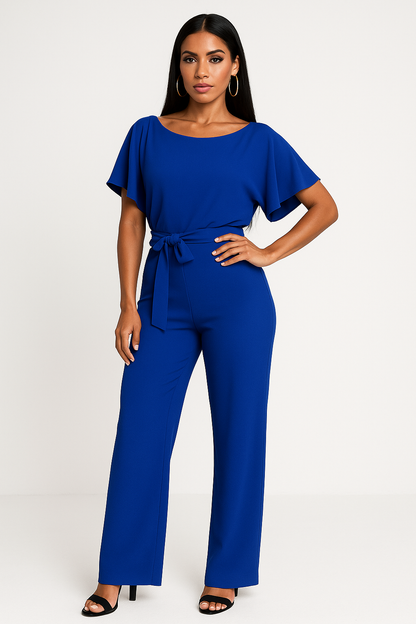 Royal blue wide leg jumpsuit with flutter sleeves, boat neck, and tied waist belt