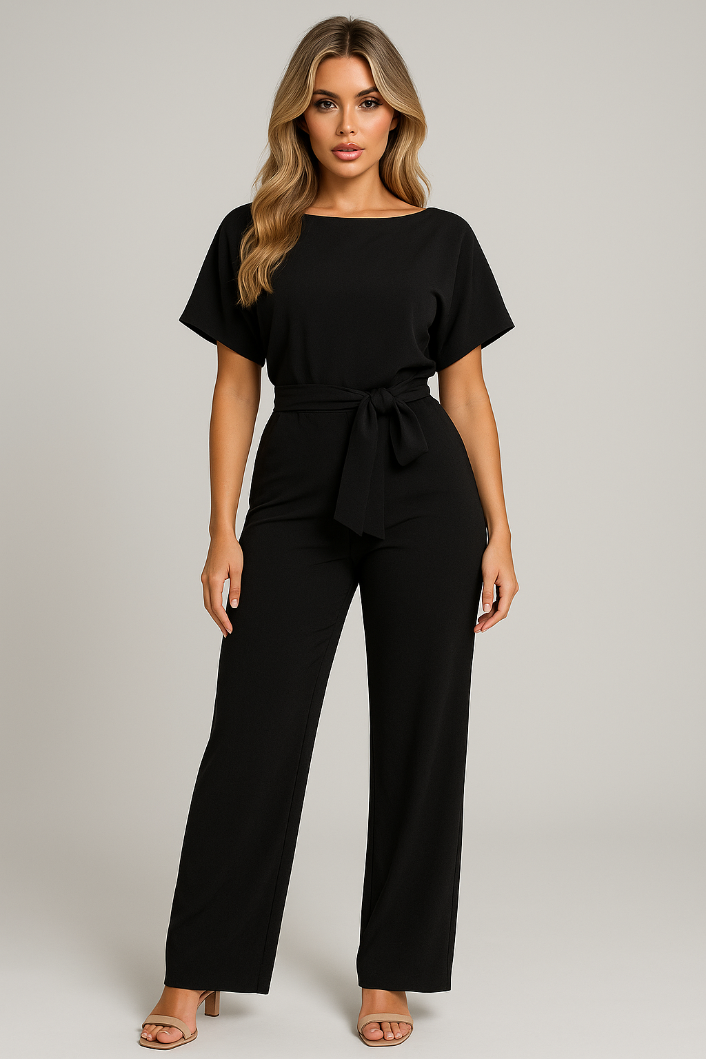 Black wide leg jumpsuit with short sleeves, belted waist, and relaxed straight silhouette
