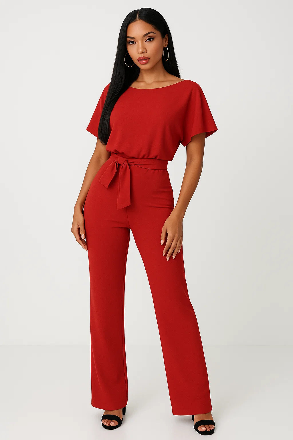 Red wide leg jumpsuit with short sleeves, tie waist belt, and flowing leg shape