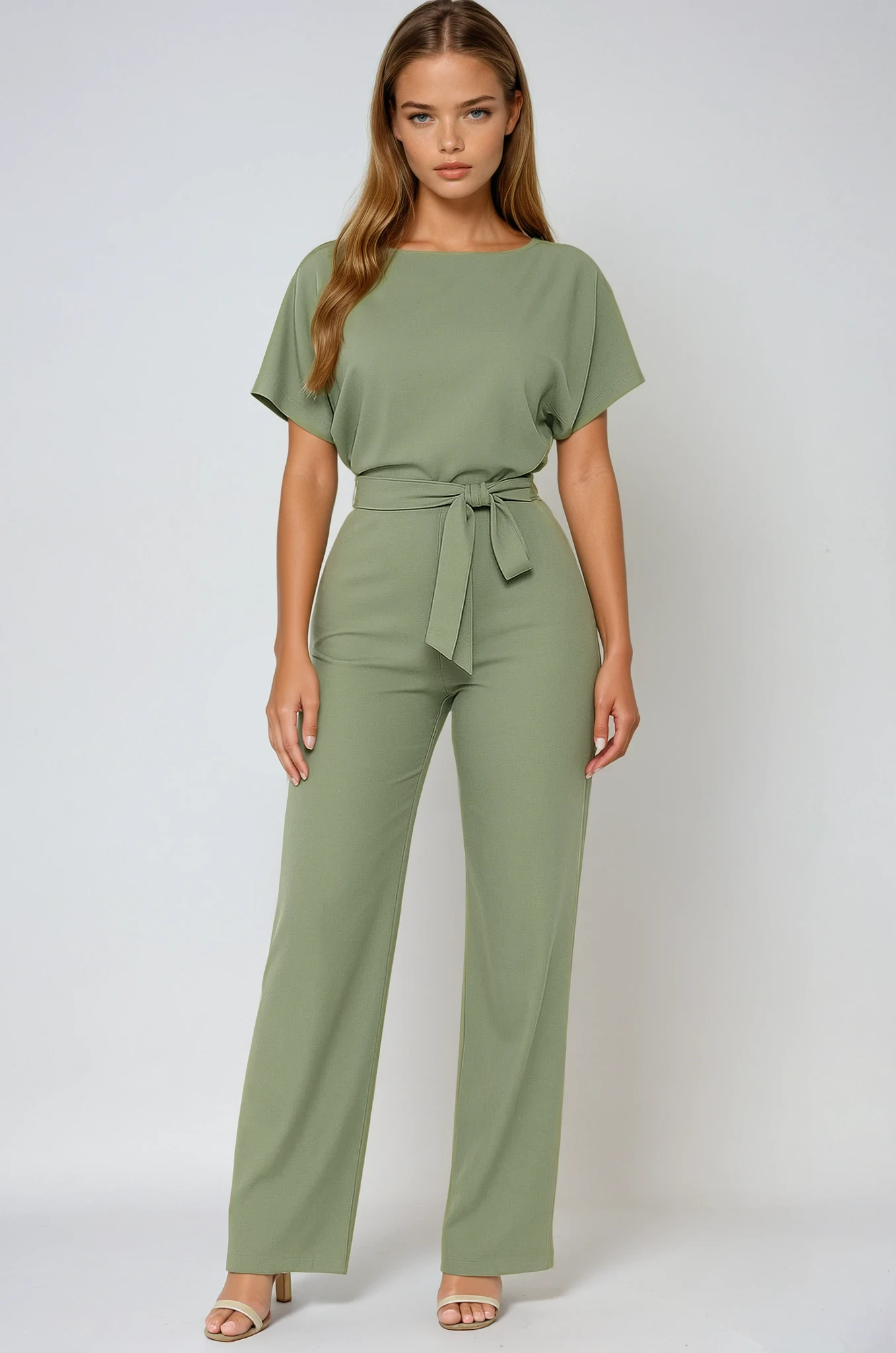 Sage green wide leg jumpsuit with short sleeves, boat neckline, and tied waist belt