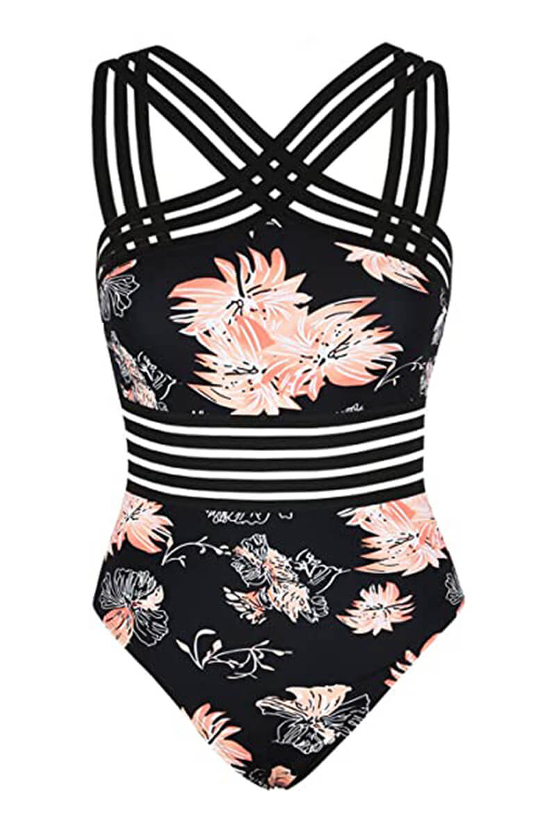 Black floral one piece swimsuit with criss cross halter straps and striped waist detail
