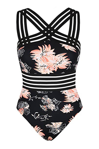 Black floral one piece swimsuit with criss cross halter straps and striped waist detail