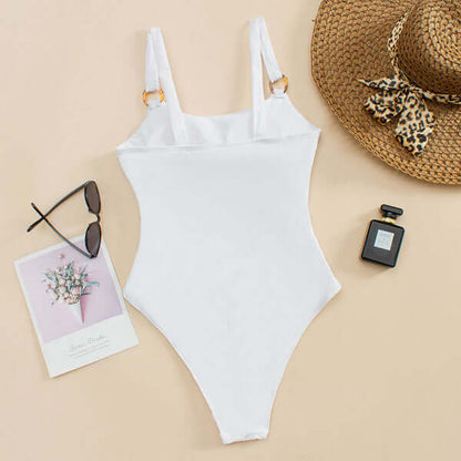 Back view of white one piece swimsuit with scoop back and high cut leg opening
