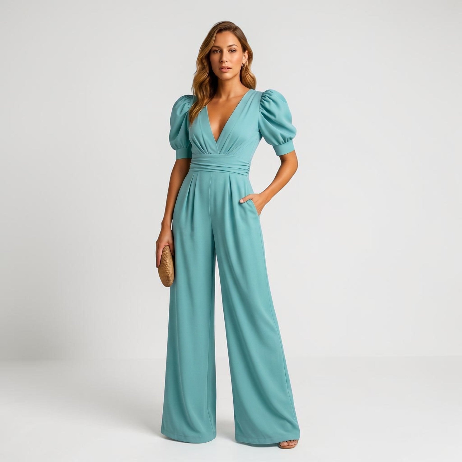 Teal wide leg jumpsuit with puff sleeves, deep V-neck, and gathered waist