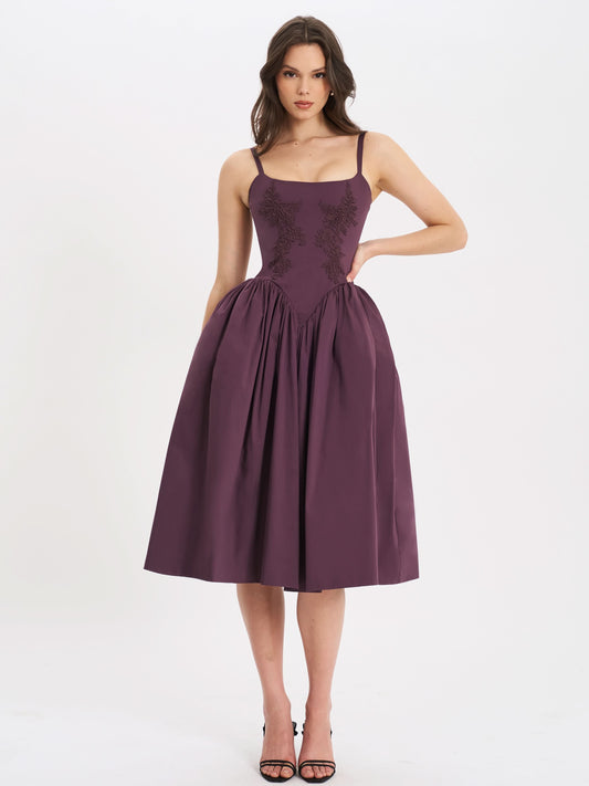 Purple embroidered midi dress with square neckline, spaghetti straps, and full gathered skirt