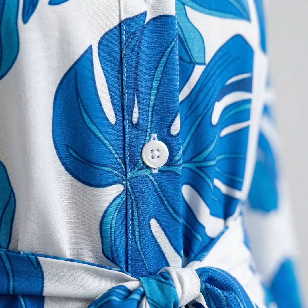Close-up of blue floral shirt dress fabric with button placket and tie waist detail