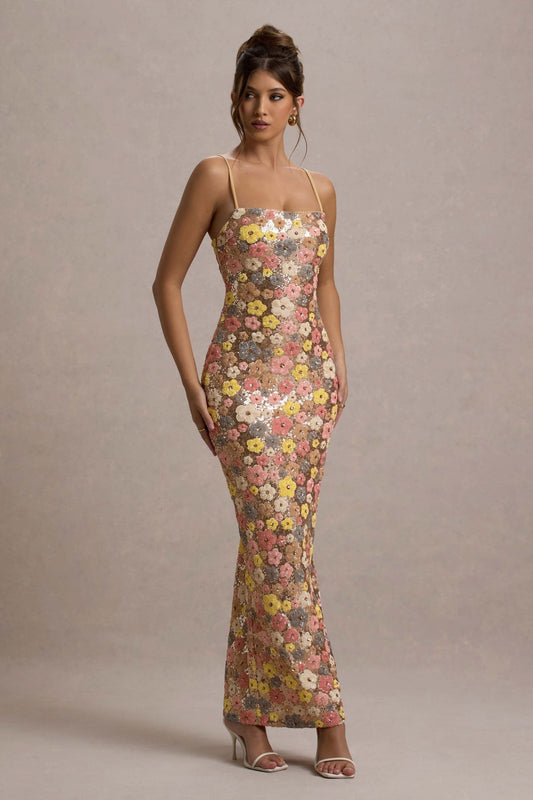 Women’s floral sequin maxi dress with spaghetti straps and fitted silhouette, front view